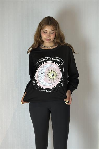 Kadın Bisiklet Yaka Baskı Detaylı Sweatshirt - Siyah 