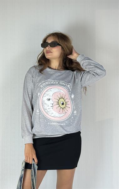 Kadın Bisiklet Yaka Baskı Detaylı Sweatshirt - Gri