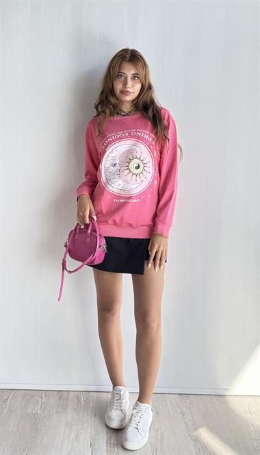 Kadın Bisiklet Yaka Baskı Detaylı Sweatshirt - Pembe