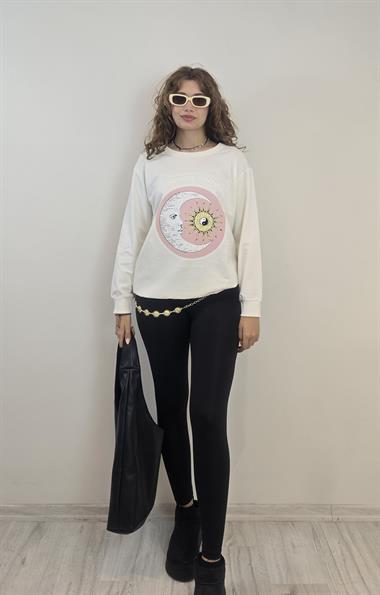 Kadın Bisiklet Yaka Baskı Detaylı Sweatshirt - Ekru