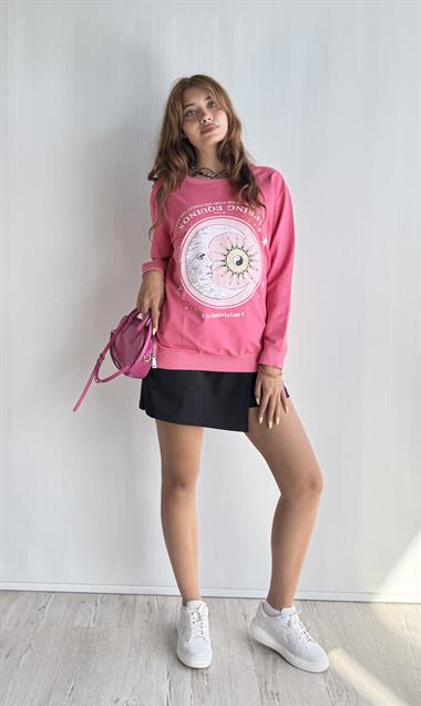 Kadın Bisiklet Yaka Baskı Detaylı Sweatshirt - Pembe