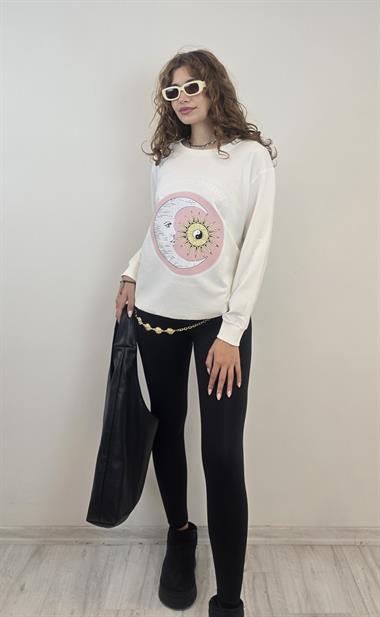Kadın Bisiklet Yaka Baskı Detaylı Sweatshirt - Ekru