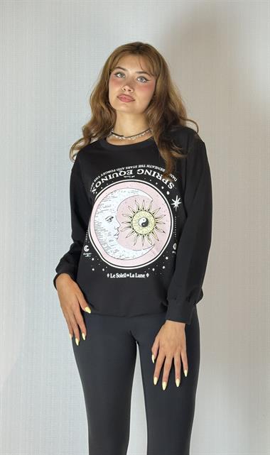 Kadın Bisiklet Yaka Baskı Detaylı Sweatshirt - Siyah 