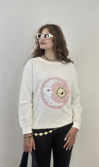 Kadın Bisiklet Yaka Baskı Detaylı Sweatshirt - Ekru