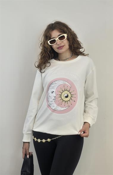 Kadın Bisiklet Yaka Baskı Detaylı Sweatshirt - Ekru