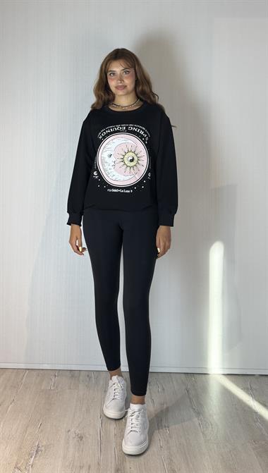 Kadın Bisiklet Yaka Baskı Detaylı Sweatshirt - Siyah 