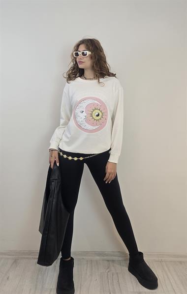 Kadın Bisiklet Yaka Baskı Detaylı Sweatshirt - Ekru