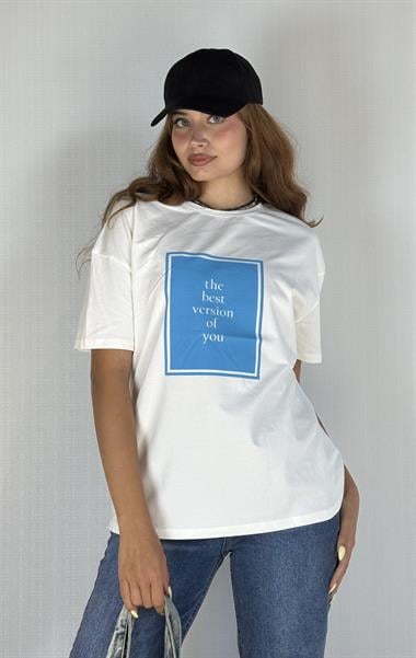 Kadın Bisiklet Yaka Baskılı Kısa Kol Oversize Tişört - Beyaz 
