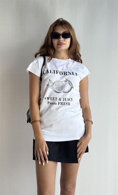 Kadın Bisiklet Yaka Baskılı Kısa Kollu Oversize Beyaz Tişört 