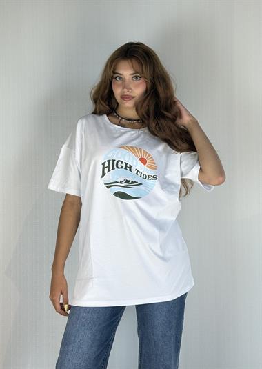 Kadın Bisiklet Yaka Baskılı Kısa Kollu Oversize Tişört 