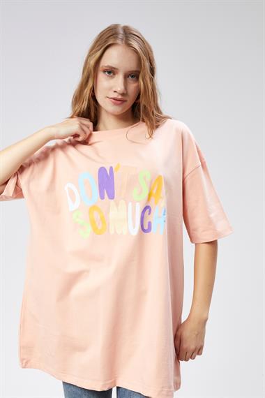Kadın Bisiklet Yaka Baskılı Kısa Kollu Oversize Pudra Tişört 