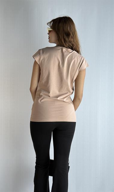 Kadın Bisiklet Yaka Baskılı Kısa Kollu Oversize Bej Tişört 