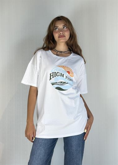 Kadın Bisiklet Yaka Baskılı Kısa Kollu Oversize Tişört 