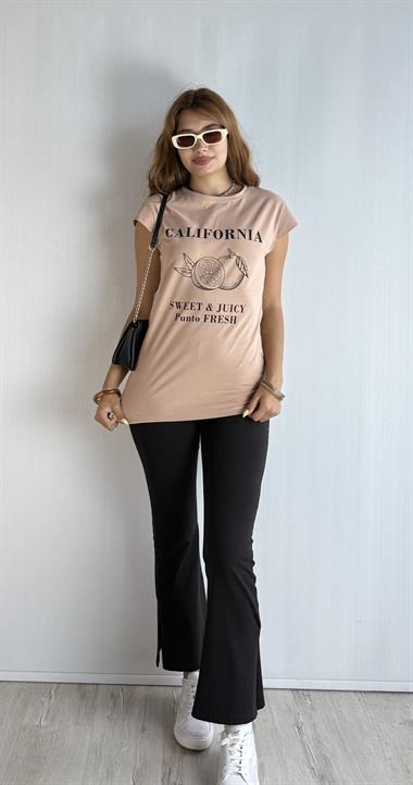 Kadın Bisiklet Yaka Baskılı Kısa Kollu Oversize Bej Tişört 