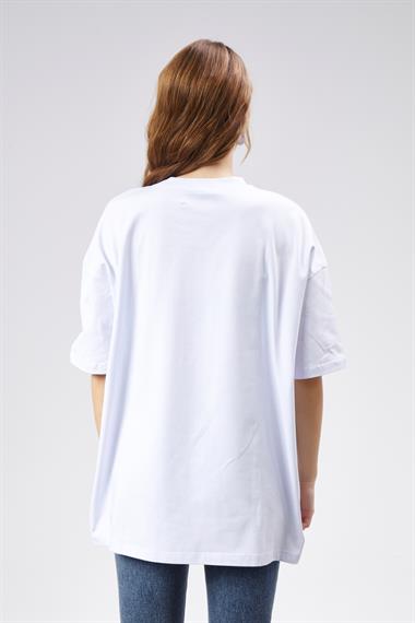 Kadın Bisiklet Yaka Baskılı Kısa Kollu Oversize Beyaz Tişört 