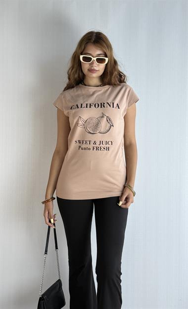 Kadın Bisiklet Yaka Baskılı Kısa Kollu Oversize Bej Tişört 