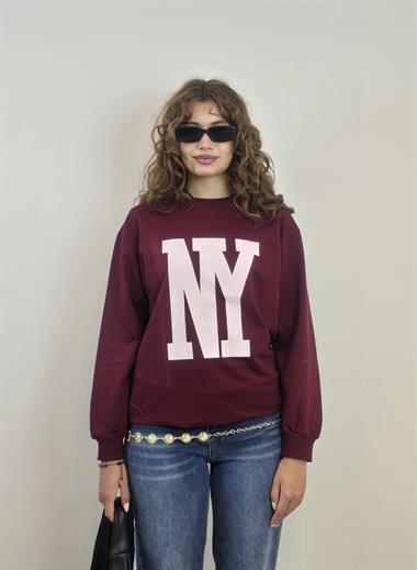 Kadın Bisiklet Yaka Baskılı Uzun Kollu Oversize Bordo Sweatshirt
