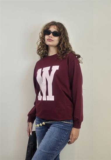 Kadın Bisiklet Yaka Baskılı Uzun Kollu Oversize Bordo Sweatshirt