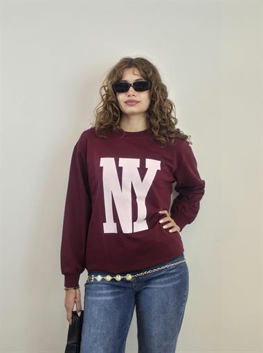 Kadın Bisiklet Yaka Baskılı Uzun Kollu Oversize Bordo Sweatshirt