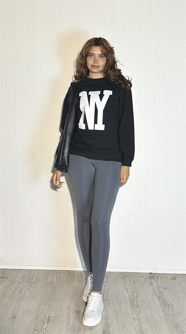 Kadın Bisiklet Yaka Baskılı Uzun Kollu Oversize Siyah Sweatshirt