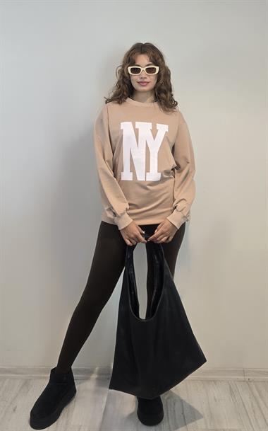 Kadın Bisiklet Yaka Baskılı Uzun Kollu Oversize Bej Sweatshirt