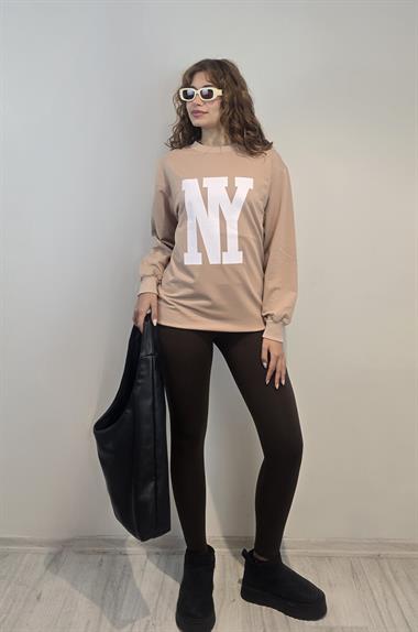 Kadın Bisiklet Yaka Baskılı Uzun Kollu Oversize Bej Sweatshirt