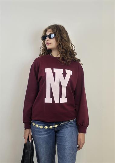 Kadın Bisiklet Yaka Baskılı Uzun Kollu Oversize Bordo Sweatshirt