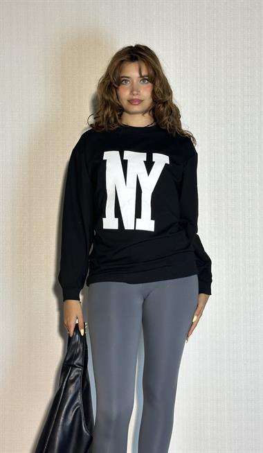 Kadın Bisiklet Yaka Baskılı Uzun Kollu Oversize Siyah Sweatshirt