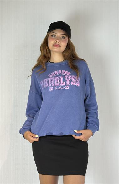 Kadın Bisiklet Yaka Baskılı Uzun Kollu Oversize Sweatshirt 