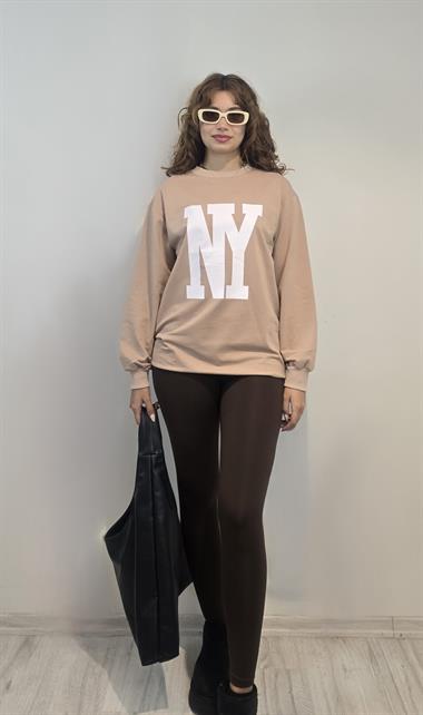 Kadın Bisiklet Yaka Baskılı Uzun Kollu Oversize Bej Sweatshirt