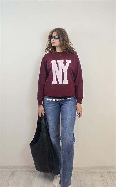 Kadın Bisiklet Yaka Baskılı Uzun Kollu Oversize Bordo Sweatshirt