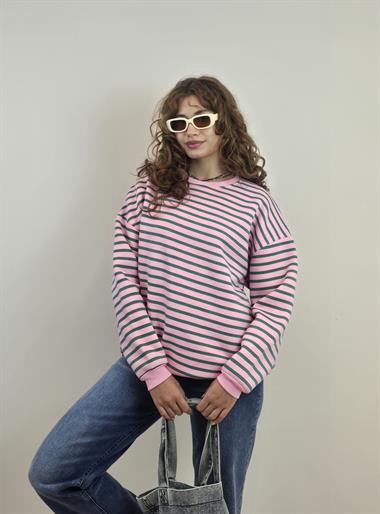 Kadın Bisiklet Yaka Çizgili Uzun Kol Oversize Sweatshirt 