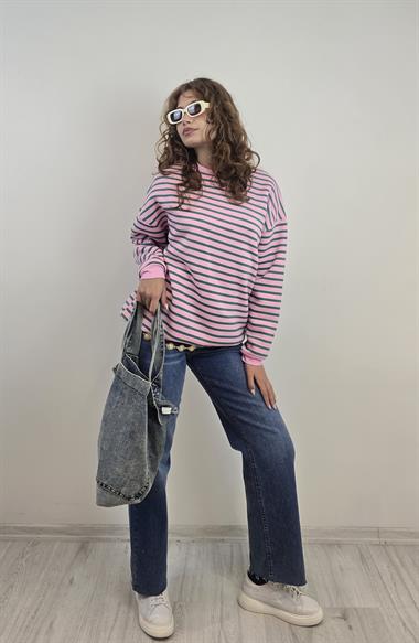 Kadın Bisiklet Yaka Çizgili Uzun Kol Oversize Sweatshirt 