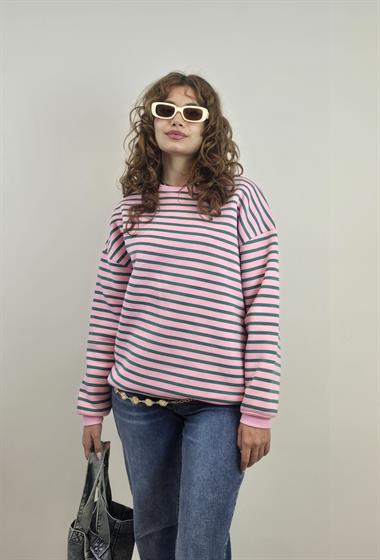 Kadın Bisiklet Yaka Çizgili Uzun Kol Oversize Sweatshirt 