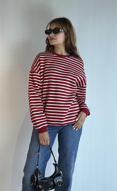 Kadın Bisiklet Yaka Çizgili Uzun Kol Oversize Sweatshirt 