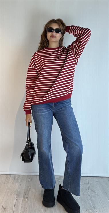 Kadın Bisiklet Yaka Çizgili Uzun Kol Oversize Sweatshirt 