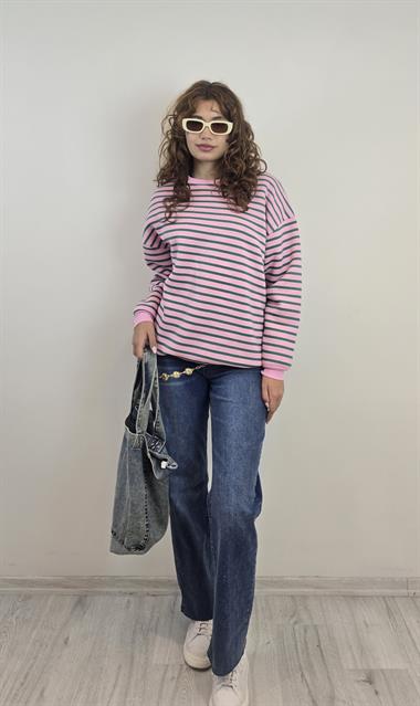 Kadın Bisiklet Yaka Çizgili Uzun Kol Oversize Sweatshirt 