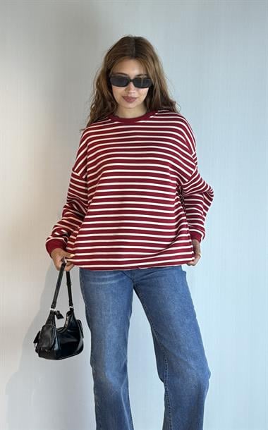 Kadın Bisiklet Yaka Çizgili Uzun Kol Oversize Sweatshirt 