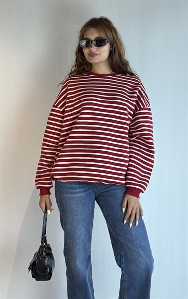 Kadın Bisiklet Yaka Çizgili Uzun Kol Oversize Sweatshirt 