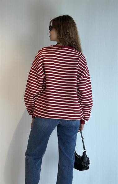 Kadın Bisiklet Yaka Çizgili Uzun Kol Oversize Sweatshirt 
