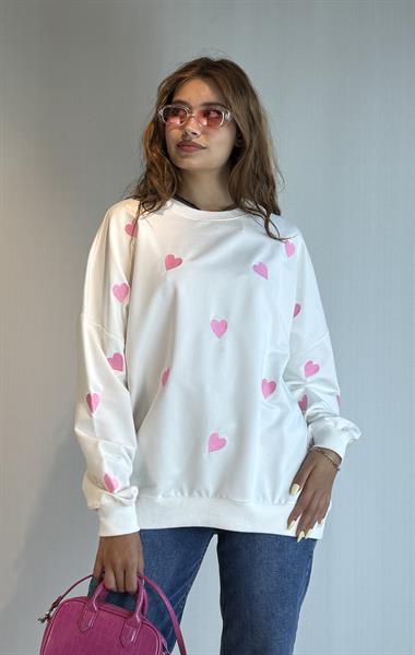 Kadın Bisiklet Yaka Kalp Desenli Oversize Uzun Kollu Sweatsirt 