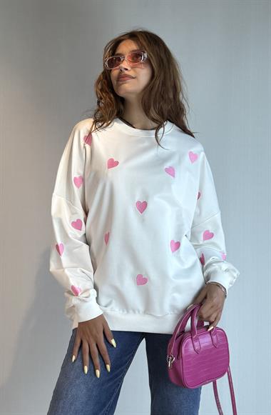 Kadın Bisiklet Yaka Kalp Desenli Oversize Uzun Kollu Sweatsirt 