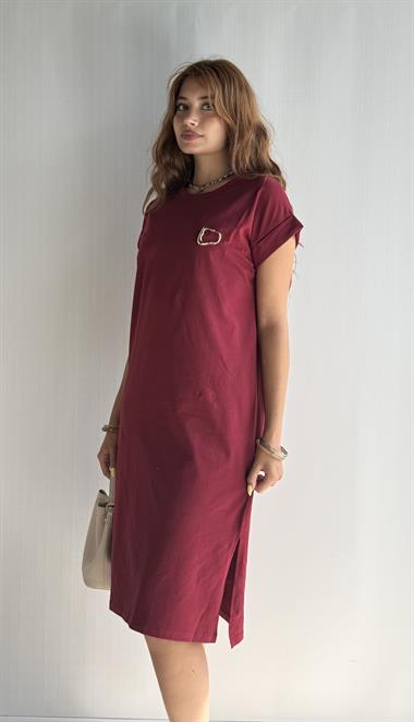 Kadın Bisiklet Yaka Kısa Kol Broş Detaylı Bordo Elbise