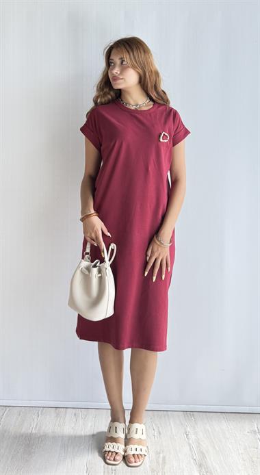 Kadın Bisiklet Yaka Kısa Kol Broş Detaylı Bordo Elbise