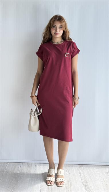 Kadın Bisiklet Yaka Kısa Kol Broş Detaylı Bordo Elbise