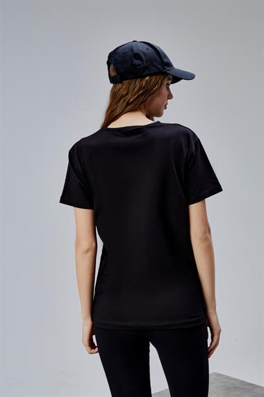 Kadın Bisiklet Yaka Kısa Kollu Siyah Tişört 