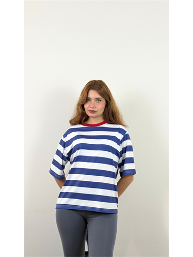 Kadın Bisiklet Yaka Kısa Kollu Beyaz Lacivert Çizgili T-Shirt 
