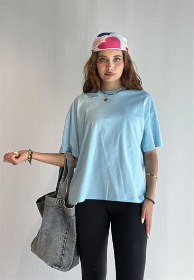 Kadın Bisiklet Yaka Kısa Kollu Oversize Basic Gök Mavisi Tişört 