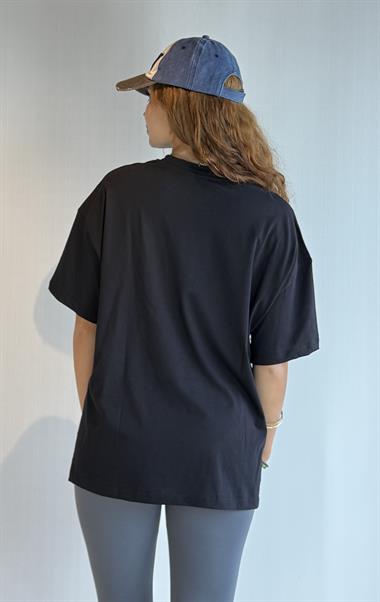 Kadın Bisiklet Yaka Kısa Kollu Oversize Basic Siyah Tişört 
