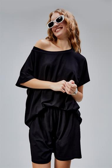 Kadın Bisiklet Yaka Kısa Kollu Şort Tişört İkili Takım 